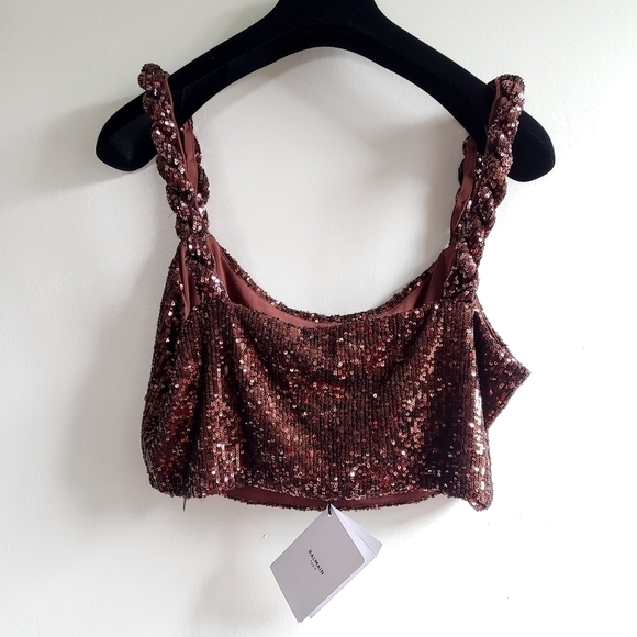 New Balmain Sequin Square Neckline Twisted Strap Brown Cropped Tank Top 12 US - Picture 12 of 17